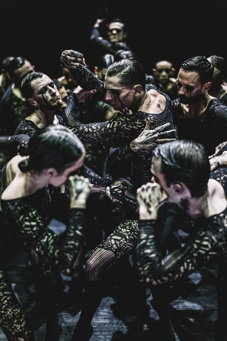 Dancers in intricate black costumes perform intensely under dim lighting, their expressions focused and movements dynamic, conveying a dramatic tension.